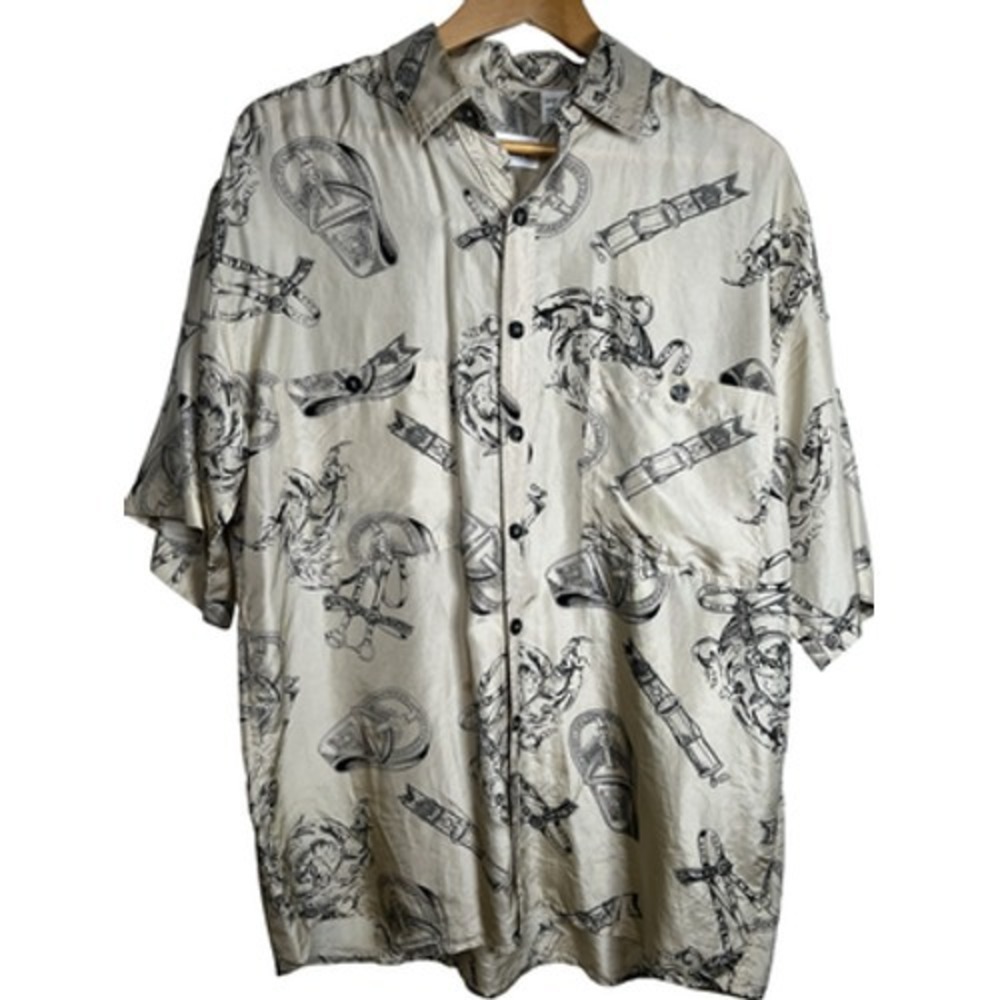Rafael‎ Shirt Mens Medium Beige Silk Equestrian Print Short Sleeve Button Up
